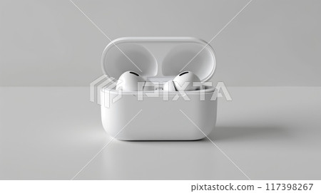 Mockup of stylish white wireless headphones in a case standing on a surface. High quality photo Mockup of stylish white wireless headphones in a case standing on a surface. High quality photo 117398267