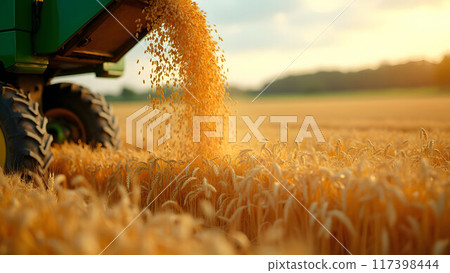 Unloading grains into truck by unloading auger. Ripe wheat grain falling from combine auger to ground. Wheat harvesting on field in summer season. Process of gathering crop by agricultural machinery 117398444