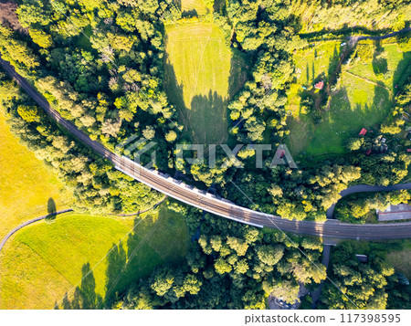 The railway bridge spans through lush greenery, connecting two sections of terrain, surrounded by trees and fields under bright sunlight. The railway bridge spans through lush greenery, connecting two sections of terrain, surrounded by trees and fields under bright sunlight. 117398595