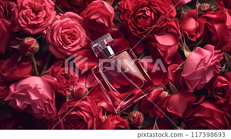 Perfume bottle with beautiful flowers. Floral background. Beauty concept. Flat lay, top view. 117398693