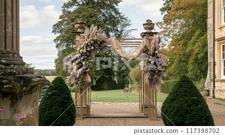 Wedding Ceremony Decorated with Lavender Flowers in the garden. Holiday concept 117398702