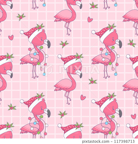 Seamless pattern with cute Christmas flamingo in Santa hat with festive garland on pink checkered background. Xmas holiday cartoon kawaii bird character. Vector illustration. Kids collection. 117398713