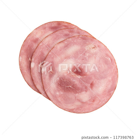 ham cut into pieces isolated on white background 117398763