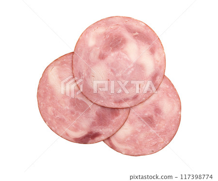 ham cut into pieces isolated on white background ham cut into pieces isolated on white background 117398774