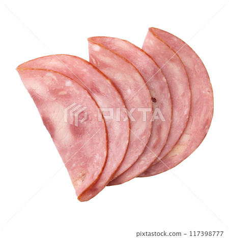 ham cut into pieces isolated on white background ham cut into pieces isolated on white background 117398777