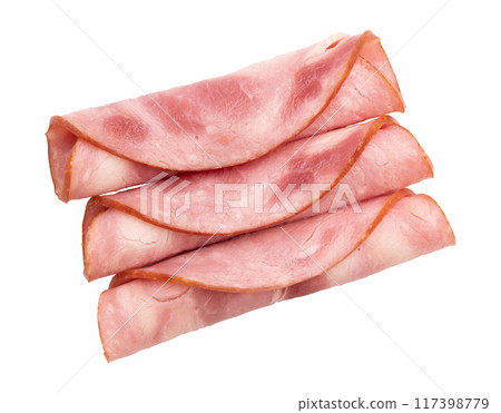 ham cut into pieces isolated on white background 117398779