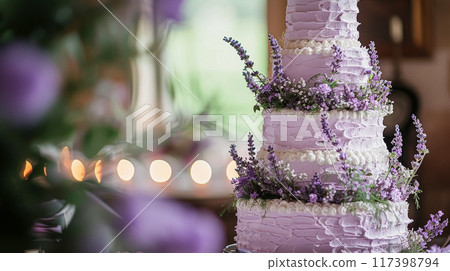 Wedding cake with lavender flowers. Festive table decoration. 117398794