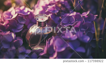 Perfume bottle with beautiful flowers. Floral background. Beauty concept. Flat lay, top view. Perfume bottle with beautiful flowers. Floral background. Beauty concept. Flat lay, top view. 117398922