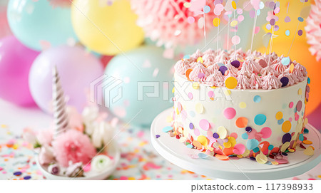 Birthday table decoration with sweets, flowers, candles and pink balloons. Selective focus 117398933