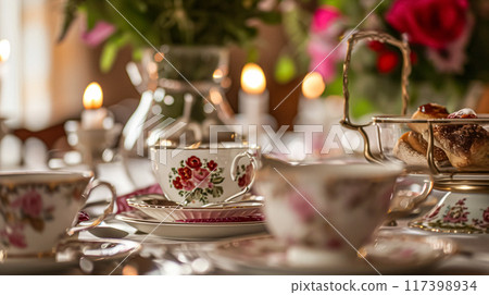 Elegant table setting for tea party with cakes and cupcakes in English manor. Selective focus. Vintage style 117398934