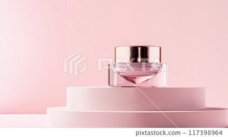 Cosmetic cream in a glass jar on a pink background. Skin care concept. Backdrop for beauty products 117398964