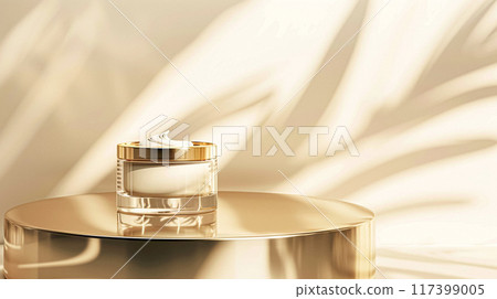 Face cream in a glass jar on a white and gold background. Skin care concept. Backdrop for beauty cosmetic products 117399005