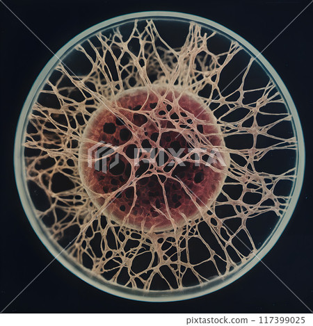 Intricate Organic Web Structure Encased in Petri Dish, A Microscopic View. 117399025