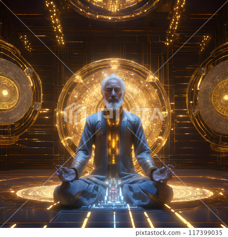 Elder Sage Meditating in Luminous Futuristic Technology Temple 117399035