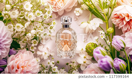 Perfume bottle with beautiful flowers. Floral background. Beauty concept. Flat lay, top view. Perfume bottle with beautiful flowers. Floral background. Beauty concept. Flat lay, top view. 117399164