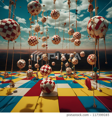 Surreal Checkered Spheres Suspended Over Colorful Landscape Surreal Checkered Spheres Suspended Over Colorful Landscape 117399165