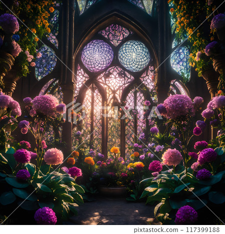 Enchanted Garden Inside Gothic Cathedral with Vibrant Flowers and Stained Glass Enchanted Garden Inside Gothic Cathedral with Vibrant Flowers and Stained Glass 117399188