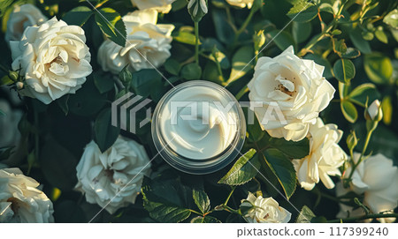 Cosmetic branding, toiletries and skincare concept. Face cream moisturizer jar on floral background, moisturizing skin care lotion and lifting emulsion, anti-age cosmetics for luxury beauty brand 117399240