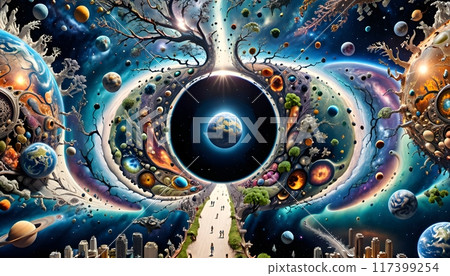 Surreal Cosmic Pathway to Earth Amid Celestial Wonders 117399254