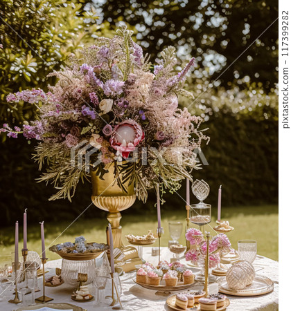 Wedding table decoration with lavender flowers, sweets, cake and candles 117399282