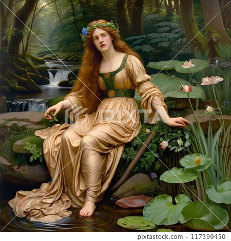 Serene Woodland Maiden by a Tranquil Stream with Blooming Water Lilies 117399450
