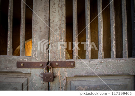 Padlock on an ancient wooden door with bars Padlock on an ancient wooden door with bars 117399465