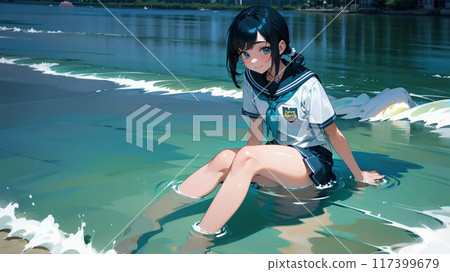 High school girls in uniform playing on the beach High school girls in uniform playing on the beach 117399679