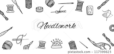 Needlework banner template. Hand drawn vector illustration of tools for sewing or embroidery classes. Threads Spools, Needle, Seam Ripper and Needle Threader. Pad with pins and mulin floss in Doodle Needlework banner template. Hand drawn vector illustration of tools for sewing or embroidery classes. Threads Spools, Needle, Seam Ripper and Needle Threader. Pad with pins and mulin floss in Doodle 117399823