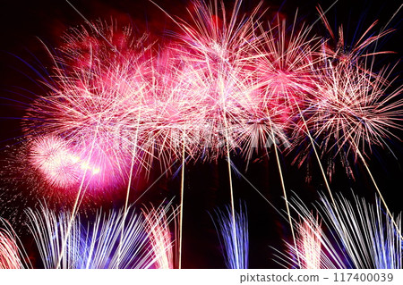 Radiating fireworks at the Kochi City Summer Fireworks Festival 117400039