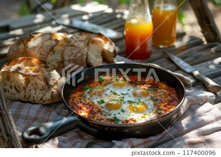 Shakshuka in a cast-iron pan with rustic bread and juice. 117400096