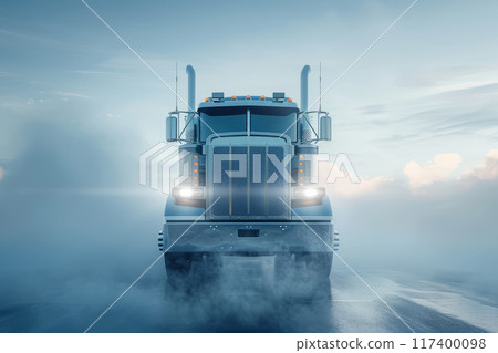 The front view of a truck cabin emerging from a soft, misty white background 117400098