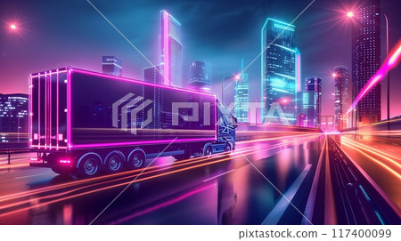 A truck driving through a cityscape at night, with buildings outlined in neon light, offering a vibrant and urban background with space for text A truck driving through a cityscape at night, with buildings outlined in neon light, offering a vibrant and urban background with space for text 117400099