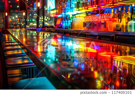 Colorful neon-lit bar interior with a reflective countertop and rows of bottles in the background Colorful neon-lit bar interior with a reflective countertop and rows of bottles in the background 117400101