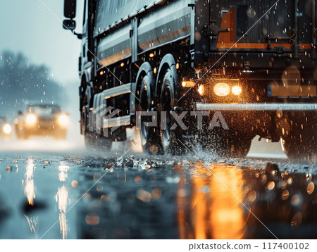 A truck driving through heavy rain, highlighting the challenges and resilience of truck drivers A truck driving through heavy rain, highlighting the challenges and resilience of truck drivers 117400102