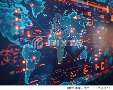 a digital screen displaying a world map with animated logistic routes and networks, illustrating global connections and efficient tracking capabilities a digital screen displaying a world map with animated logistic routes and networks, illustrating global connections and efficient tracking capabilities 117400137