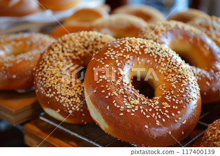 Close-up of freshly baked bagels 117400139