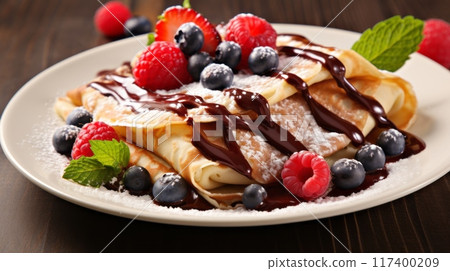 Crepes with chocolate sauce and fresh berries. 117400209