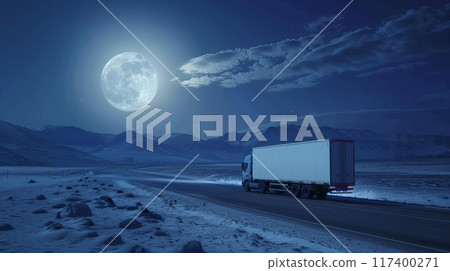 A truck driving along a moonlit road, with soft blue and white tones, copy space A truck driving along a moonlit road, with soft blue and white tones, copy space 117400271