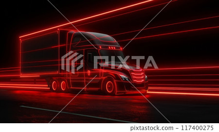 A sleek truck with neon red outlines, set against a dark background with horizontal red lines 117400275