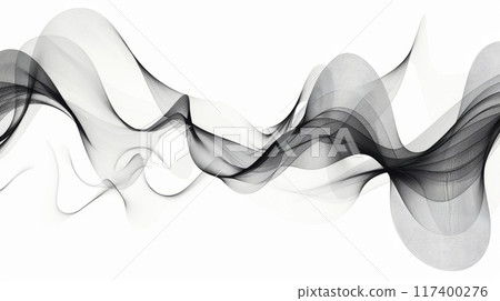 Elegant black and white wave pattern with flowing lines on a white background. 117400276