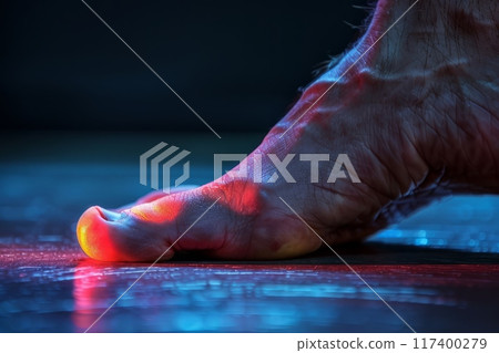 Close-up of inflamed foot with red and blue lighting, depicting gout. Close-up of inflamed foot with red and blue lighting, depicting gout. 117400279