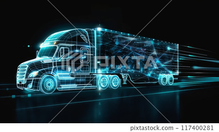 Background with a futuristic truck in neon blue light. Background with a futuristic truck in neon blue light. 117400281