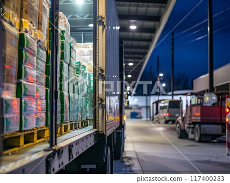 A truck unloading goods at a retail store, illustrating the supply chain process from warehouse to shelf A truck unloading goods at a retail store, illustrating the supply chain process from warehouse to shelf 117400283