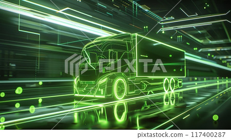 Background with futuristic truck with neon green lines on dark gray background. 117400287