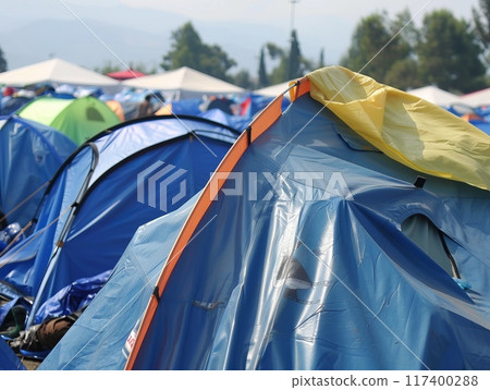 Color photo of makeshift tents made from colorful blankets in a refugee camp. Color photo of makeshift tents made from colorful blankets in a refugee camp. 117400288