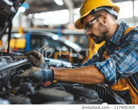 A truck mechanic fixing a vehicle, demonstrating focus and dedication in a garage. A truck mechanic fixing a vehicle, demonstrating focus and dedication in a garage. 117400304