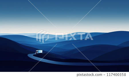 A minimalist scene of a truck driving on a winding road through dark blue rolling hills, elegant background with space for text 117400358