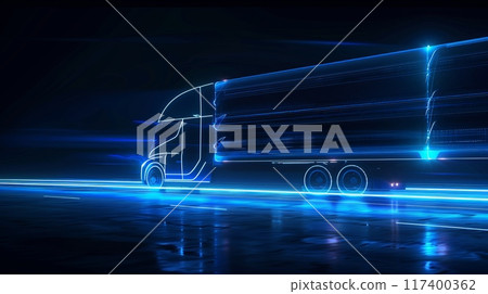 A minimalist side view of a truck with a glowing outline in blue, set against a dark background 117400362