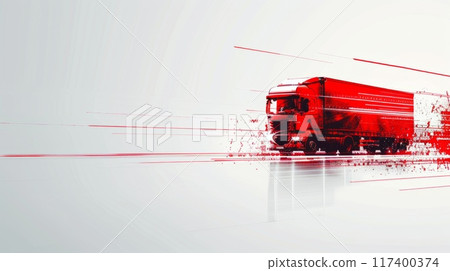 A truck in bright red silhouette driving through a light grey background A truck in bright red silhouette driving through a light grey background 117400374