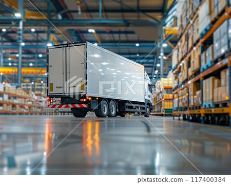A truck unloading goods at a retail store, illustrating the supply chain process from warehouse to shelf A truck unloading goods at a retail store, illustrating the supply chain process from warehouse to shelf 117400384